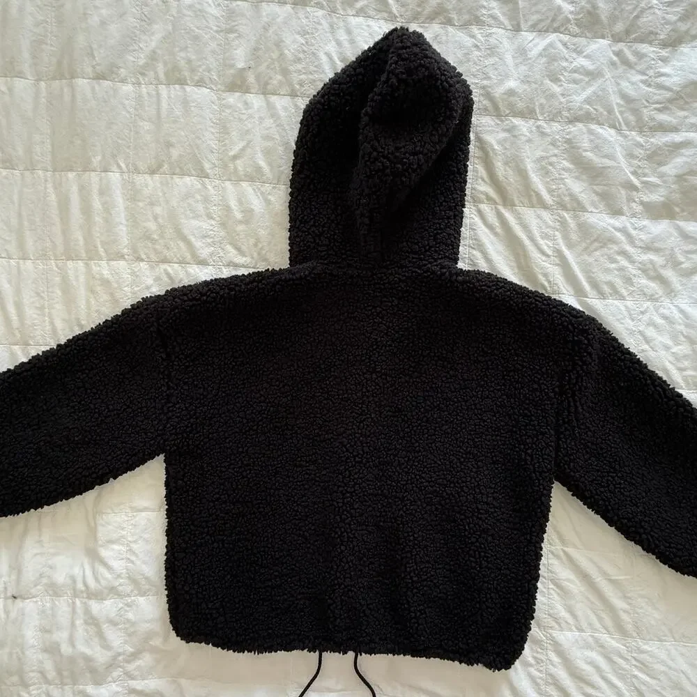 Lucky Brand Black Teddy Sherpa Hooded Jacket Women’s L Oversized Full Zip Cozy - Picture 9 of 16